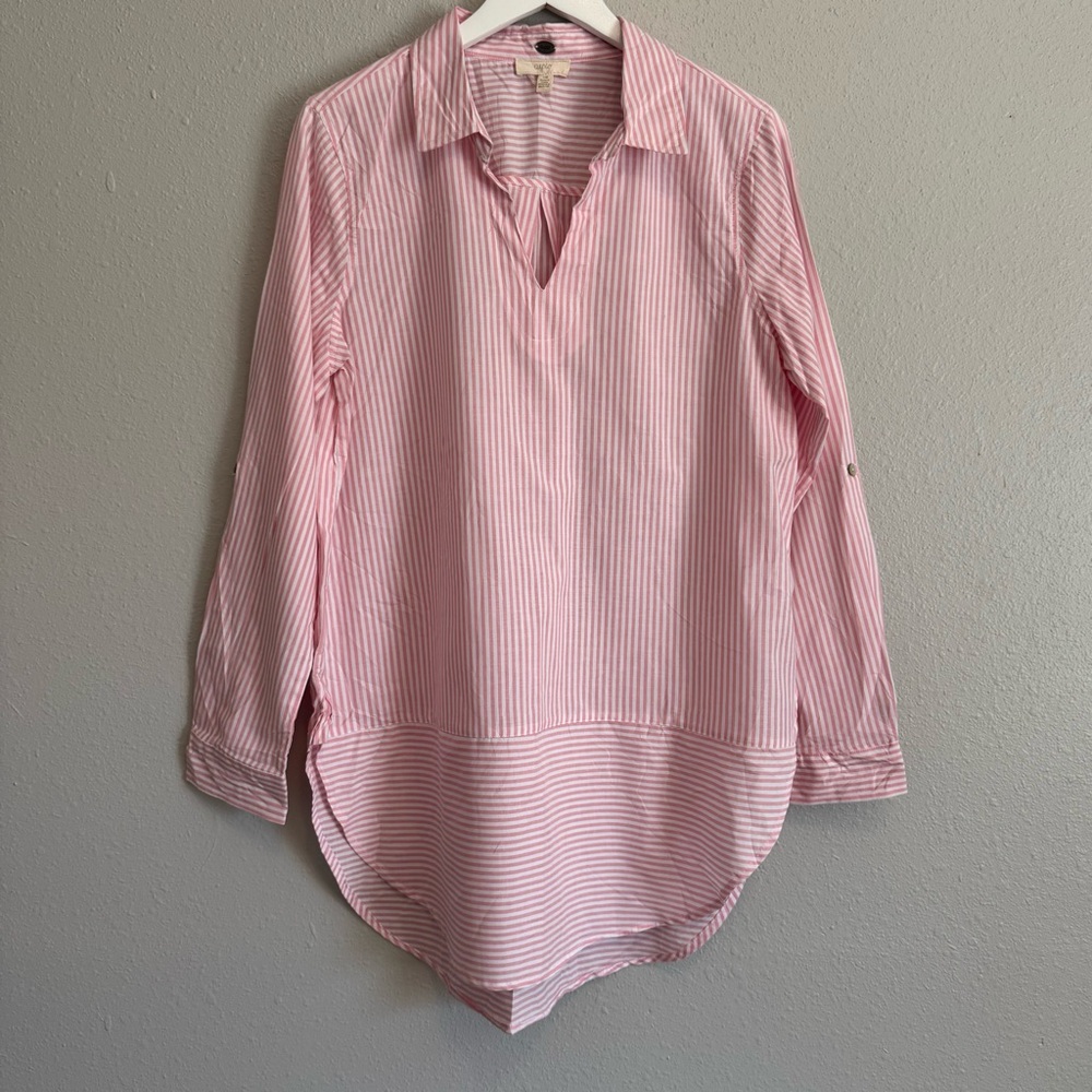 Cupio Pink White Striped‎ Cotton Tunic Blouse Large Hi-Low Lagenlook Coastal